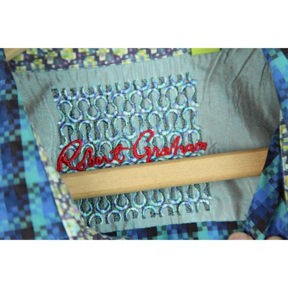 Robert Graham 2XL XXL Blue geometric Check Flip Cuff Classic Fit Cotton Shirt - Picture 4 of 11